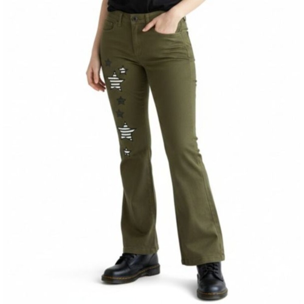 Hot Topic Striped Star Olive Flare Leg Pant Women 9 Green Stretch Goth Boot Cut